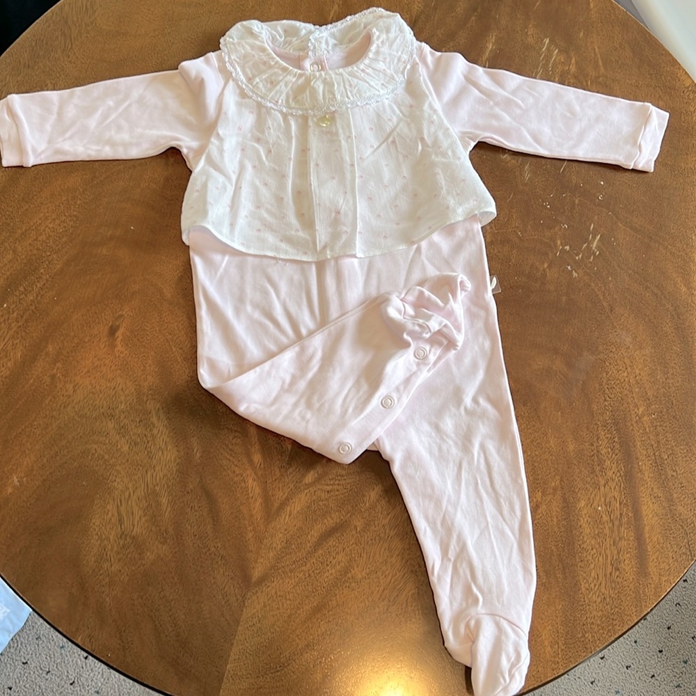 Purete pink footed onesie, white overlay and lace trimmed collar size 6 month